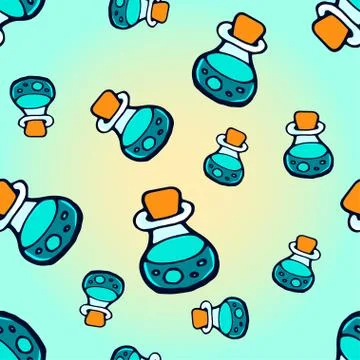 Seamless pattern with colorful bottles with magic potion. Stock Illustration