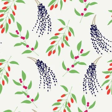 Seamless pattern with colorful branches camu camu, goji and acai Stock Illustration