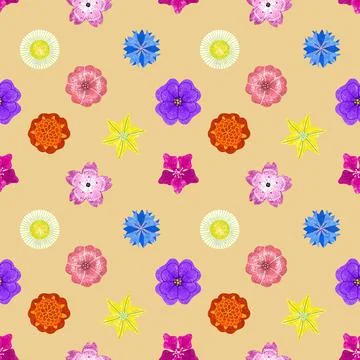 Seamless pattern. Colorful bright geometric flowers. A small rare pattern on a Stock Illustration