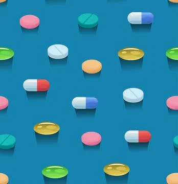 Seamless pattern with colorful bright pills and capsules. Stock Illustration
