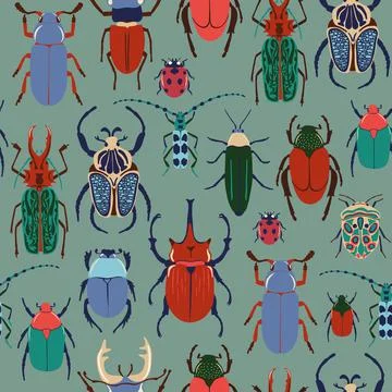 Seamless pattern with colorful bugs. Bright vector drawing of small beetles.  Stock Illustration