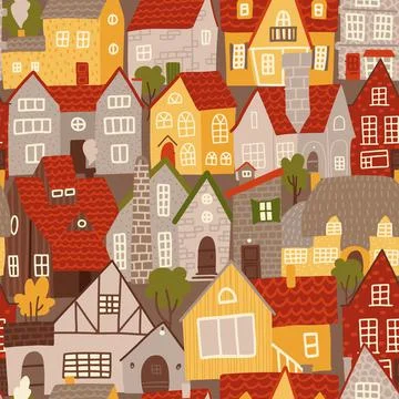 Seamless pattern of colorful buildings in flat cartoon style. Vintage urban rear Stock Illustration