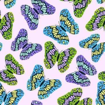 Seamless pattern with colorful butterflies in flat modern style. Hand drawn Illustration