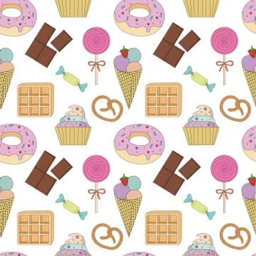 Seamless pattern colorful with cake, ice cream, cupcake, candy, donuts, choco Illustrazione stock