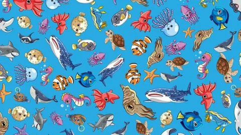 Seamless Pattern of Colorful Cartoon Ocean Animals and Sea Creatures Stock Illustration