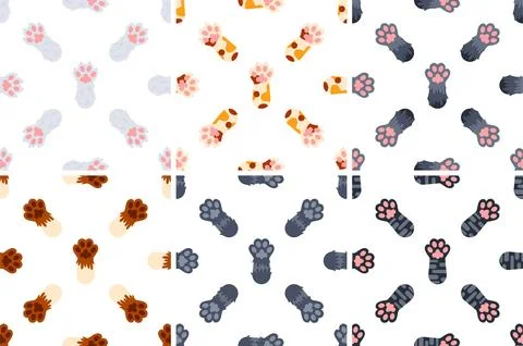 Seamless pattern with colorful cat paws showing paw pads on white background Stock-Illustration