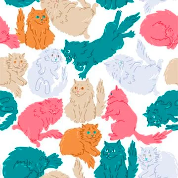 Seamless pattern with colorful cats. Vector cartoon illustration Stock Illustration