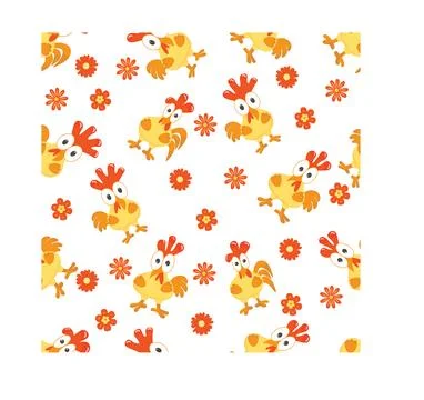 Seamless pattern with colorful chickens and flowers, on a white background. Stock Illustration
