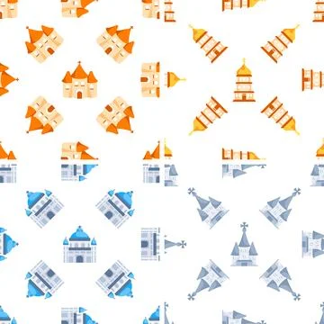 Seamless pattern with colorful churches and cathedrals representing different Stock-Illustration