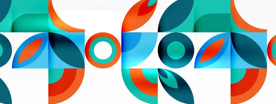 A seamless pattern of colorful circles and squares on a white background Stock Illustration