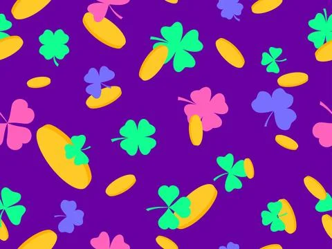 Seamless pattern with colorful clover leaves and gold coins for St. Patrick.. Stock Illustration