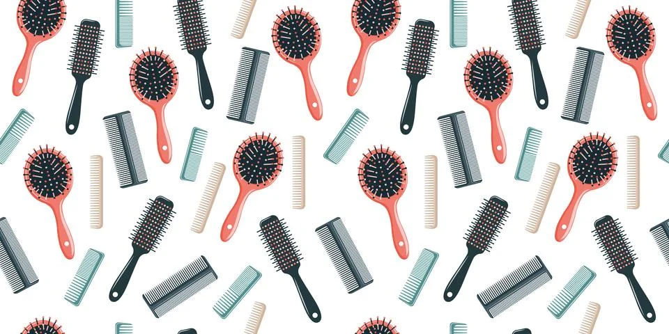 Seamless pattern with colorful combs and hair brushes on a light background. イラスト素材