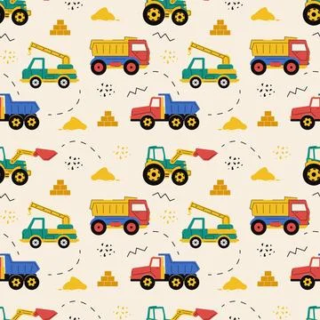 Seamless pattern with colorful construction vehicles like trucks, cranes Stockillustratie