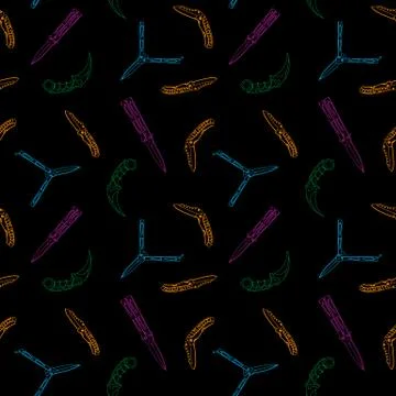 Seamless pattern with colorful contour pocket knives on black background Stock Illustration