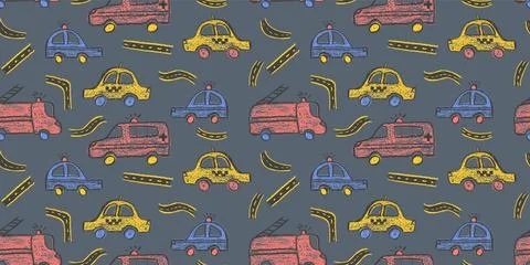Seamless pattern of colorful crayon drawn vehicles: police, taxi car, ambulance Illustrazione stock