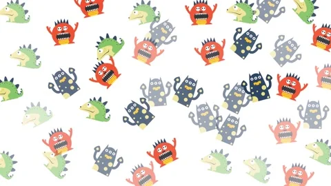 Seamless Pattern of Colorful Cute Cartoon Monsters Isolated on White Background Stock Footage 345539443