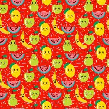 Seamless pattern of colorful cute fruit kawaii background. Stock Illustration