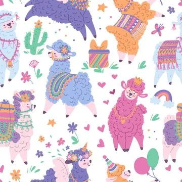 Seamless pattern with colorful cute llamas, alpacas with different decorations Stock Illustration