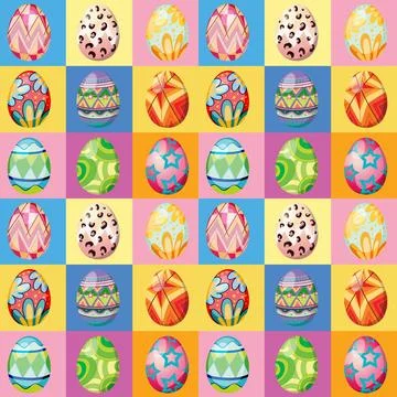 Seamless Pattern of Colorful Decorated Easter Eggs on Checkered Background Illustrazione stock
