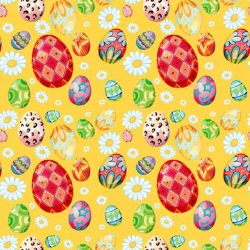 Seamless Pattern of Colorful Decorated Easter Eggs and White Daisies Stock Illustration