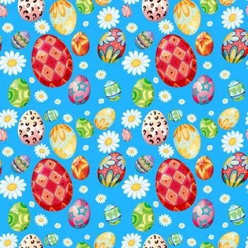 Seamless Pattern of Colorful Decorated Easter Eggs and White Daisies Stockillustratie