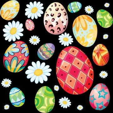 Seamless Pattern of Colorful Decorated Easter Eggs and White Daisy Flowers 库存插图