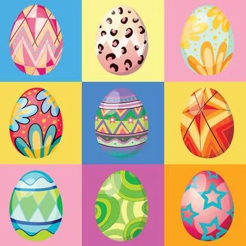Seamless Pattern of Colorful Decorated Eggs on Vibrant Grid Background Illustrazione stock