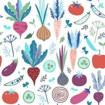 Seamless pattern with colorful doodle vegetables. Cute modern trendy vector.. Stock Illustration