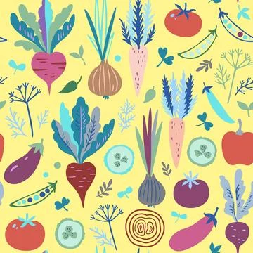 Seamless pattern with colorful doodle vegetables. Cute modern trendy vector.. Illustrazione stock