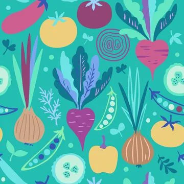 Seamless pattern with colorful doodle vegetables. Cute modern trendy vector.. Illustrazione stock