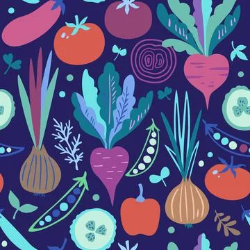 Seamless pattern with colorful doodle vegetables. Cute modern trendy vector.. Illustrazione stock