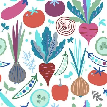 Seamless pattern with colorful doodle vegetables. Cute modern trendy vector.. Illustrazione stock