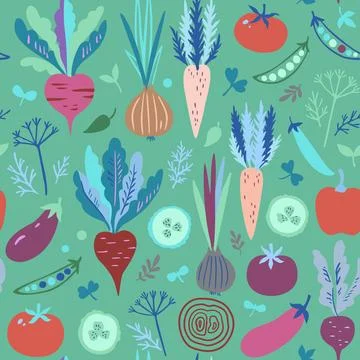 Seamless pattern with colorful doodle vegetables. Cute modern trendy vector.. Illustrazione stock