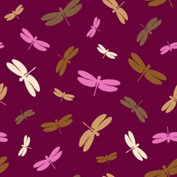 Seamless pattern with colorful dragonflies. Colored elements on a burgundy Stock-Illustration