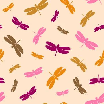Seamless pattern with colorful dragonflies. Colored elements oyn a beige Stock-Illustration