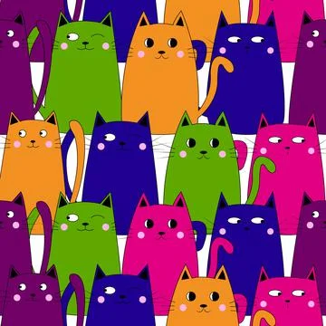Seamless pattern of colorful drawn cute cats in doodle style. Funny cartoon Stock Illustration