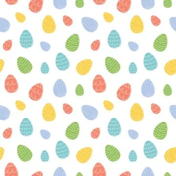 Seamless pattern of colorful Easter eggs with hand-drawn details. Continuou.. Stock Illustration