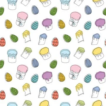 Seamless pattern of colorful Easter eggs with Easter Kulich cakes. Continuous Stock Illustration