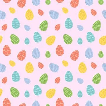 Seamless pattern of colorful Easter eggs with hand-drawn details. Continuou.. Stock Illustration