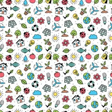 Seamless pattern with colorful ecology objects on white background. Hand drawn Stock Illustration