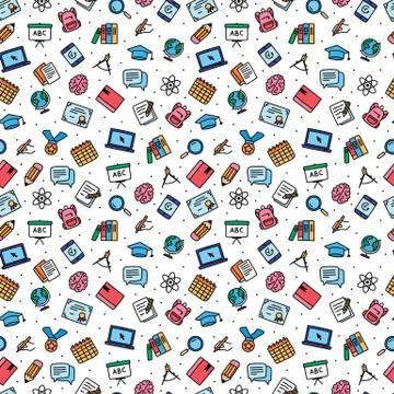 Seamless pattern with colorful education objects on white background. Hand drawn Stock Illustration