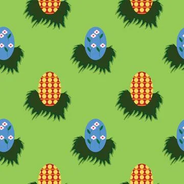 Seamless pattern with colorful eggs arranged in little grass bushes Illustrazione stock