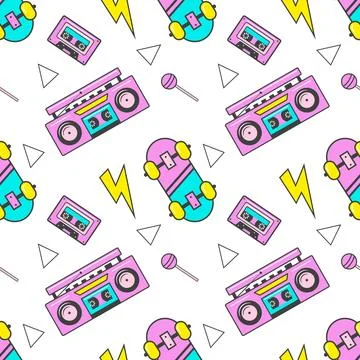 Seamless pattern with colorful elements skateboard, boombox, lollipop, cassette 스톡 일러스트