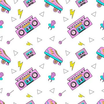 Seamless pattern with colorful elements skateboard, ring pop, boombox, lollipop Stock Illustration