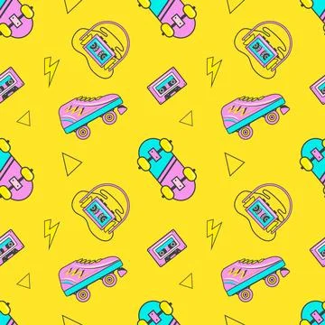 Seamless pattern with colorful elements skateboard, headphones, vintage roller Stock Illustration