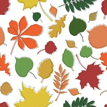 Seamless pattern of colorful fall leaves of various trees, foliage of natural Stock Illustration