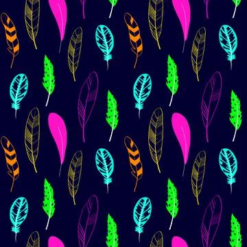 Seamless pattern of colorful feathers on a dark blue background. Design for Stock Illustration