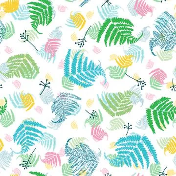 Seamless pattern with colorful ferns, vector design Stock Illustration