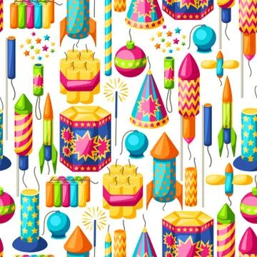 Seamless pattern with colorful fireworks. Different types of pyrotechnics Stock Illustration
