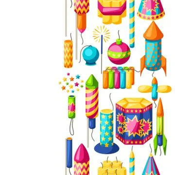 Seamless pattern with colorful fireworks. Different types of pyrotechnics Stock Illustration